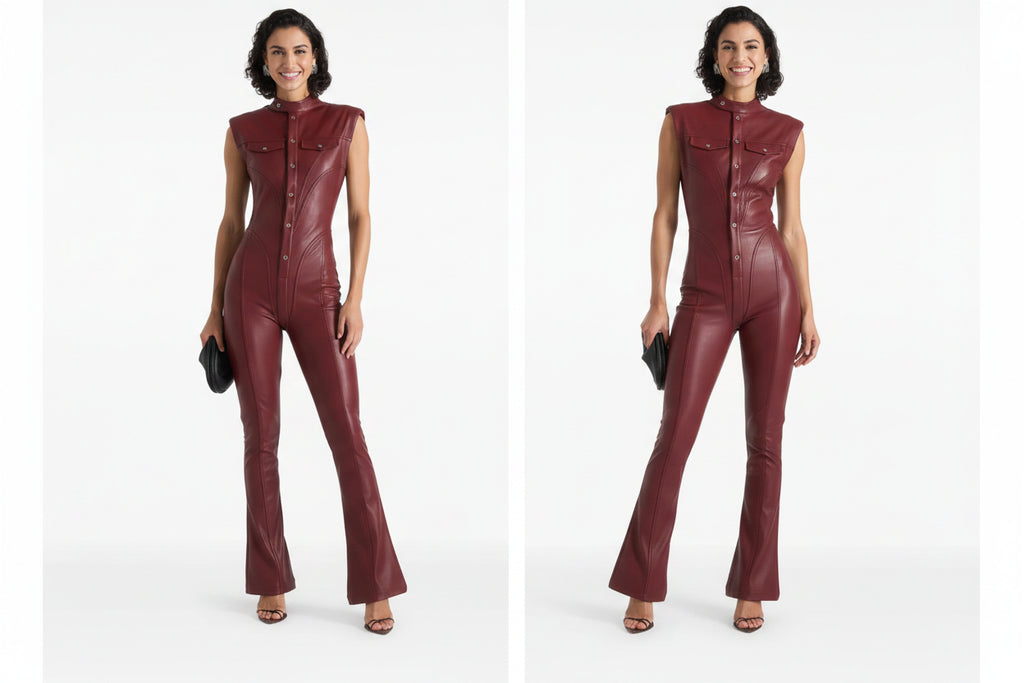 Aurelia Luxe women's deep burgundy maroon genuine lambskin leather jumpsuit featuring a high mandarin stand collar, cap shoulders, full-length front snap button placket, dual chest flap pockets, waist-contouring vertical seams, flared bootcut legs, and custom made-to-measure fitting across the UK, USA, and Australia.