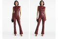 Aurelia Luxe women's deep burgundy maroon genuine lambskin leather jumpsuit featuring a high mandarin stand collar, cap shoulders, full-length front snap button placket, dual chest flap pockets, waist-contouring vertical seams, flared bootcut legs, and custom made-to-measure fitting across the UK, USA, and Australia.