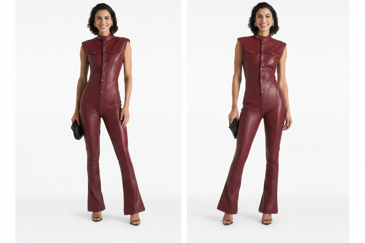 Aurelia Luxe women's deep burgundy maroon genuine lambskin leather jumpsuit featuring a high mandarin stand collar, cap shoulders, full-length front snap button placket, dual chest flap pockets, waist-contouring vertical seams, flared bootcut legs, and custom made-to-measure fitting across the UK, USA, and Australia.