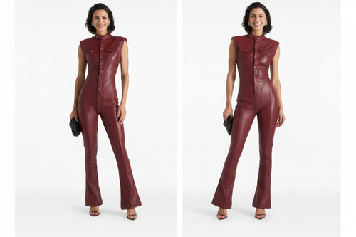 Aurelia Luxe women's deep burgundy maroon genuine lambskin leather jumpsuit featuring a high mandarin stand collar, cap shoulders, full-length front snap button placket, dual chest flap pockets, waist-contouring vertical seams, flared bootcut legs, and custom made-to-measure fitting across the UK, USA, and Australia.