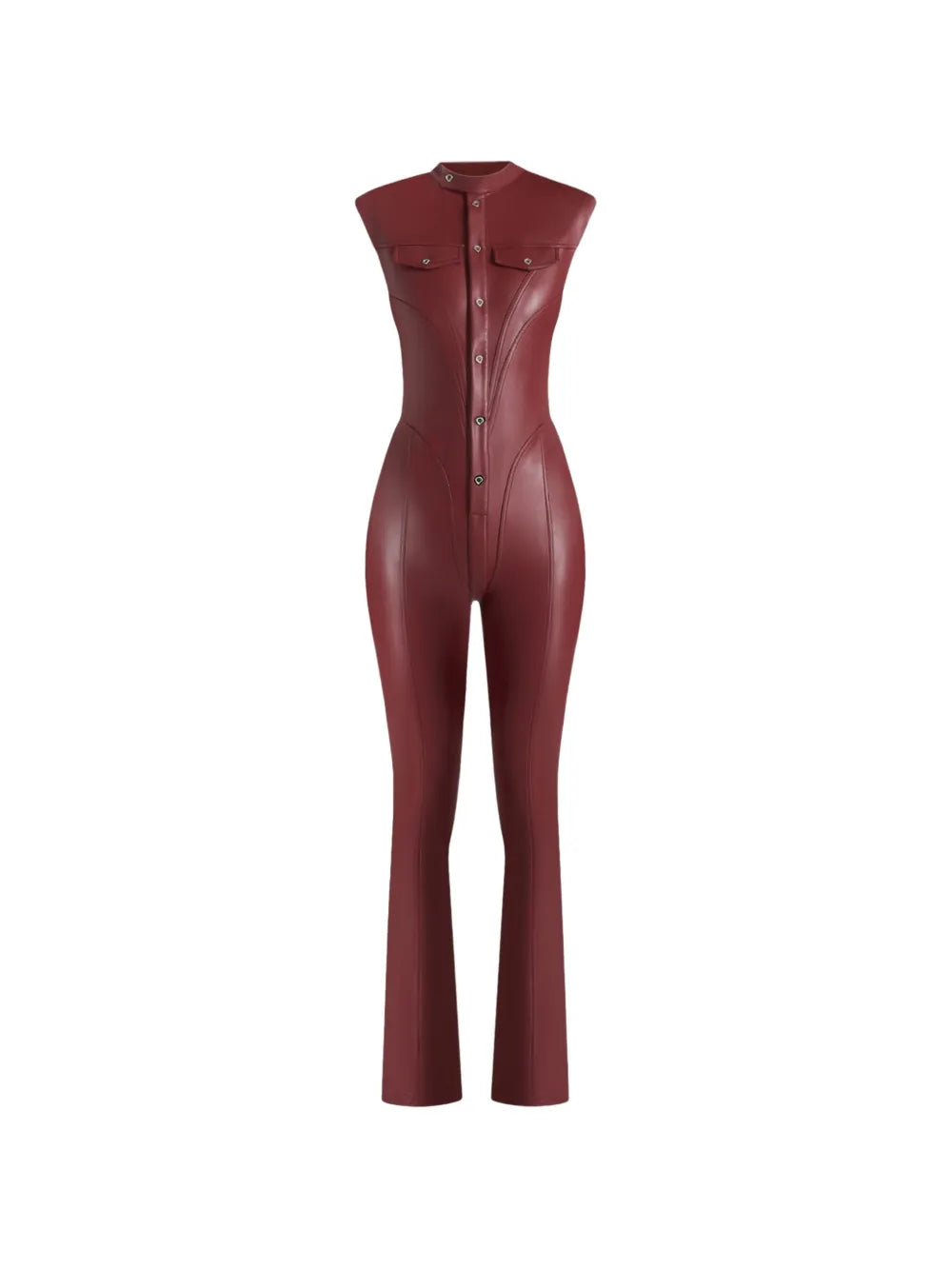 Aurelia Luxe women's deep burgundy maroon genuine lambskin leather jumpsuit featuring a high mandarin stand collar, cap shoulders, full-length front snap button placket, dual chest flap pockets, waist-contouring vertical seams, flared bootcut legs, and custom made-to-measure fitting across the UK, USA, and Australia.new