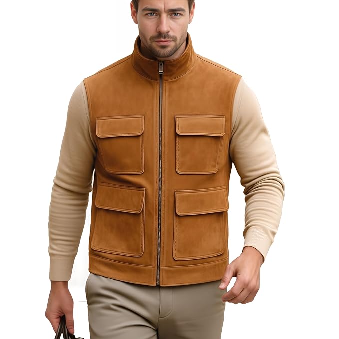 Alt text: Baron Craft Vintage Western Genuine Suede Leather Vest for Men Tan – Custom Western Leather Apparel by UrbanHides