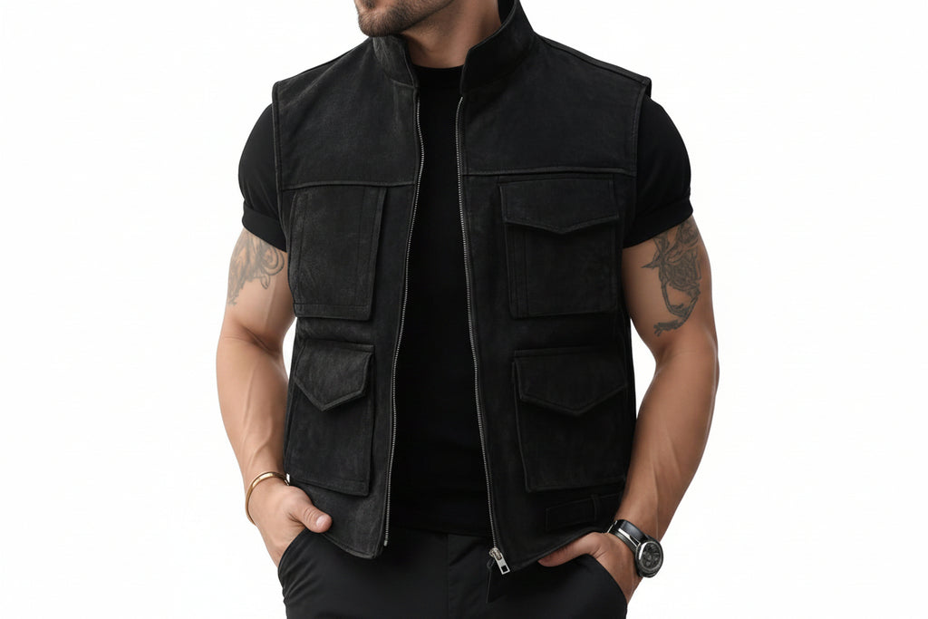 Alt text: Baron Craft Vintage Western Genuine Suede Leather Vest for Men – Custom Western Leather Apparel by UrbanHides