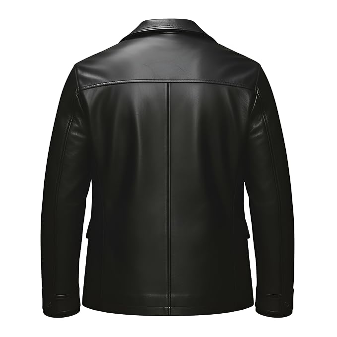 Men's baron edge premium genuine real lambskin soft leather office blazer jacket in jet black featuring broad shirt-style notch lapels, single-breasted front button closure, angled welt chest pocket, dual lower buttoned flap waist pockets, tailored executive fit silhouette, and custom made-to-measure tailoring across the UK, USA, and Australia.back