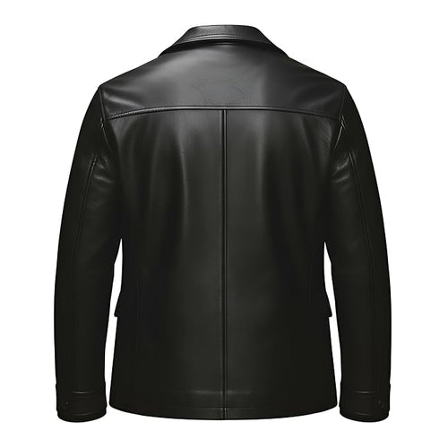 Men's baron edge premium genuine real lambskin soft leather office blazer jacket in jet black featuring broad shirt-style notch lapels, single-breasted front button closure, angled welt chest pocket, dual lower buttoned flap waist pockets, tailored executive fit silhouette, and custom made-to-measure tailoring across the UK, USA, and Australia.back