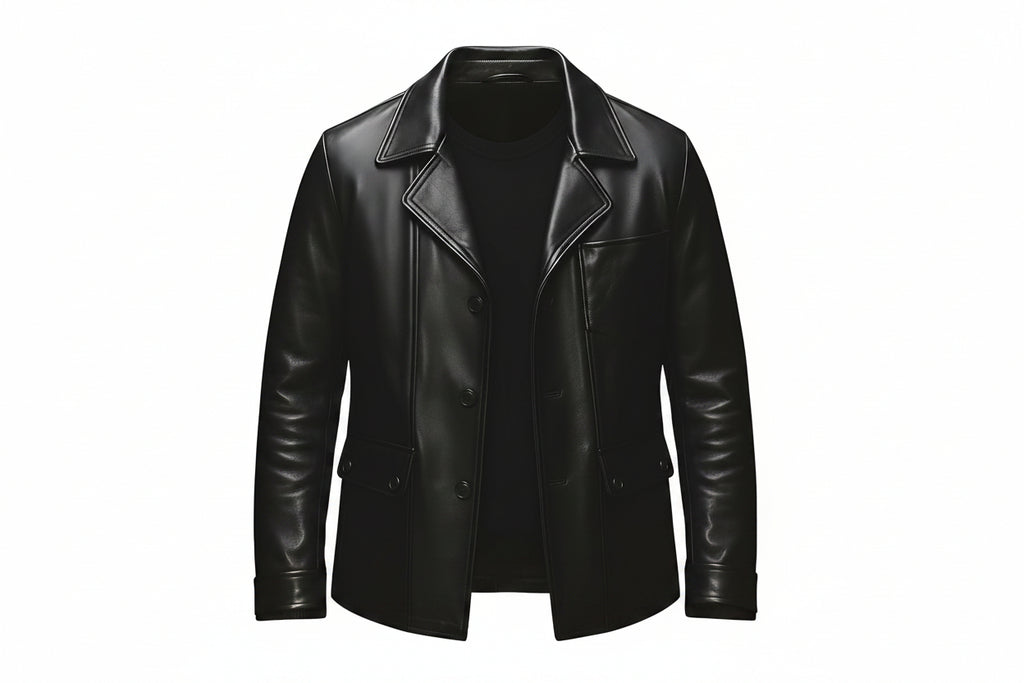 Men's baron edge premium genuine real lambskin soft leather office blazer jacket in jet black featuring broad shirt-style notch lapels, single-breasted front button closure, angled welt chest pocket, dual lower buttoned flap waist pockets, tailored executive fit silhouette, and custom made-to-measure tailoring across the UK, USA, and Australia.