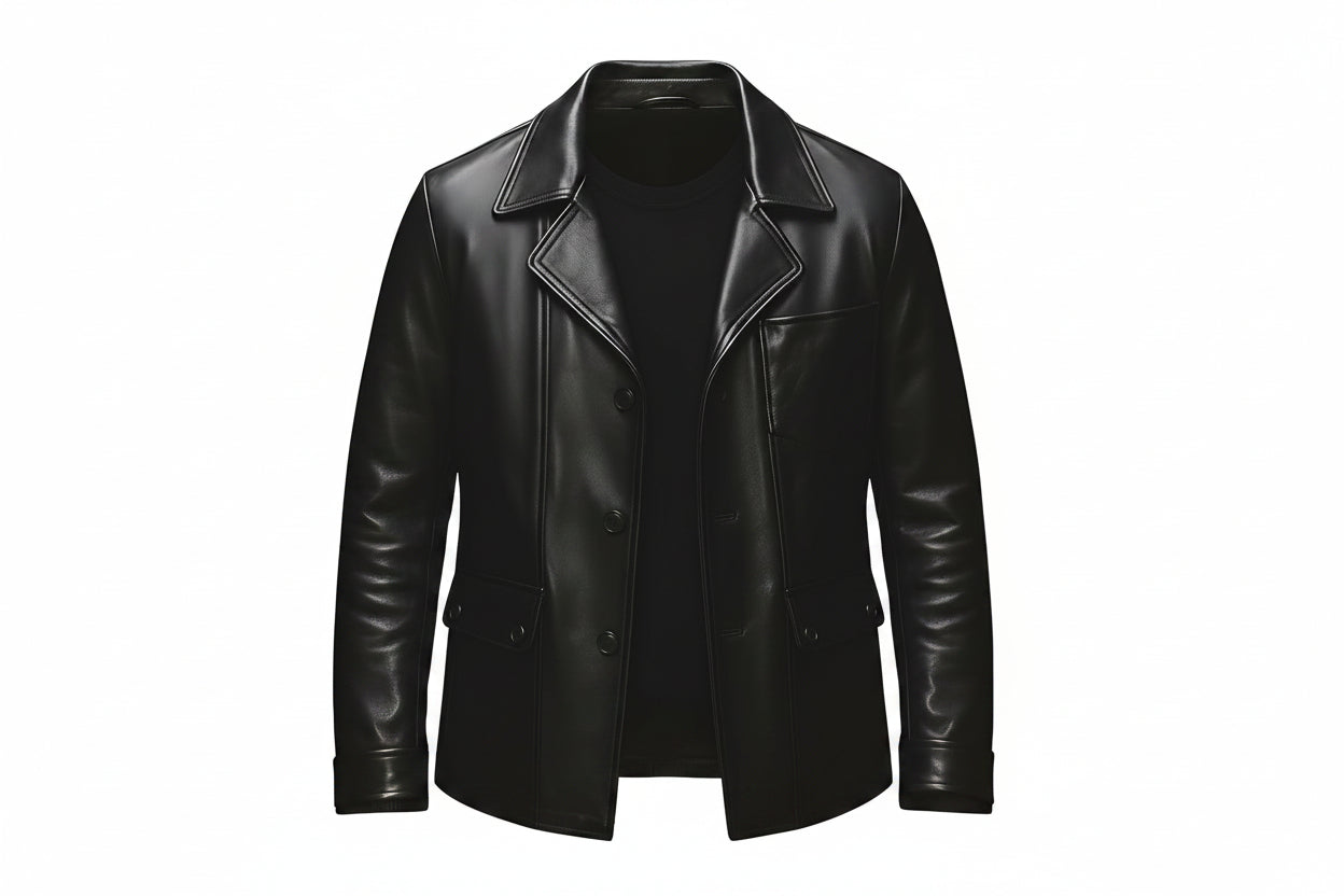 Men's baron edge premium genuine real lambskin soft leather office blazer jacket in jet black featuring broad shirt-style notch lapels, single-breasted front button closure, angled welt chest pocket, dual lower buttoned flap waist pockets, tailored executive fit silhouette, and custom made-to-measure tailoring across the UK, USA, and Australia.