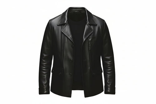 Men's baron edge premium genuine real lambskin soft leather office blazer jacket in jet black featuring broad shirt-style notch lapels, single-breasted front button closure, angled welt chest pocket, dual lower buttoned flap waist pockets, tailored executive fit silhouette, and custom made-to-measure tailoring across the UK, USA, and Australia.