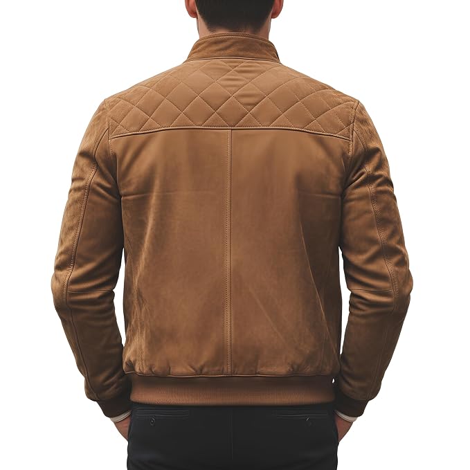 Black Anthem men's tobacco tan suede leather jacket featuring diamond-quilted shoulders, stand collar, ribbed knit trim, zippered pockets, and custom made-to-measure fitting across the UK, USA, and Australia.back