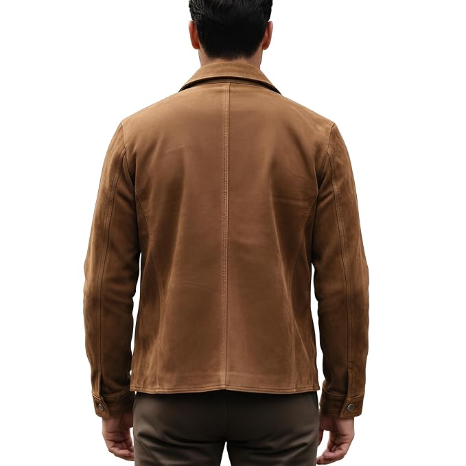 Black Bastion men's tan-brown suede leather shirt jacket featuring dual chest flap pockets, point collar, metallic button closure, and custom made-to-measure fitting across the UK, USA, and Australia.back