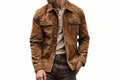 Black Bastion men's tan-brown suede leather shirt jacket featuring dual chest flap pockets, point collar, metallic button closure, and custom made-to-measure fitting across the UK, USA, and Australia.