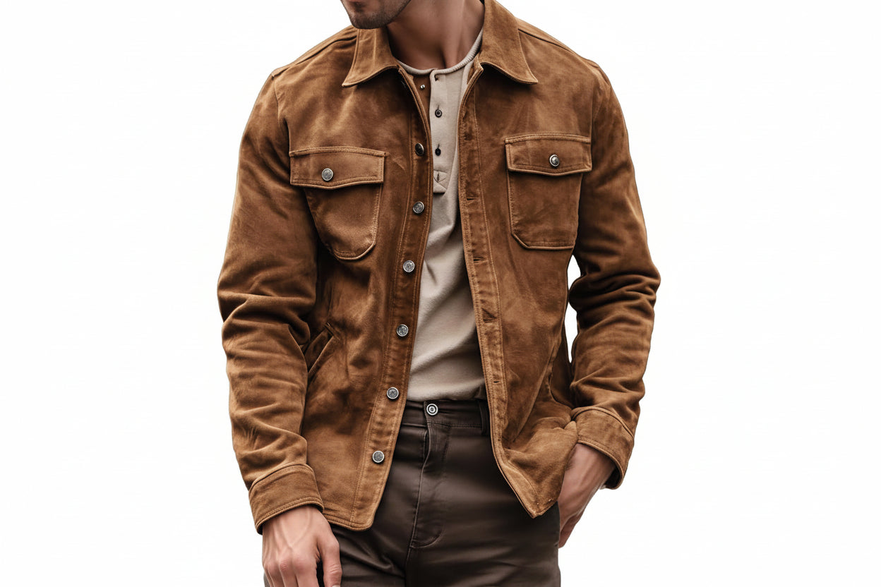 Black Bastion men's tan-brown suede leather shirt jacket featuring dual chest flap pockets, point collar, metallic button closure, and custom made-to-measure fitting across the UK, USA, and Australia.