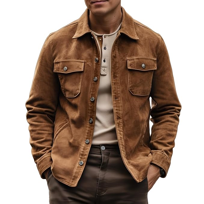 Black Bastion men's tan-brown suede leather shirt jacket featuring dual chest flap pockets, point collar, metallic button closure, and custom made-to-measure fitting across the UK, USA, and Australia.side