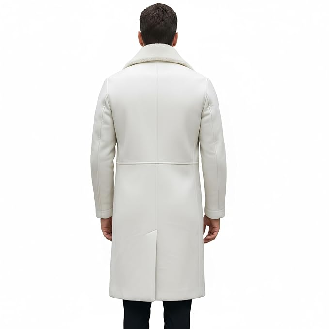 Men's black crest rugged genuine soft lambskin real leather overcoat in off-white ivory featuring broad plush shearling fur notch lapels, single-breasted dark button front closure, side slant welt pockets, long fitted sleeves, knee-length fit, and custom made-to-measure fitting across the UK, USA, and Australia.back