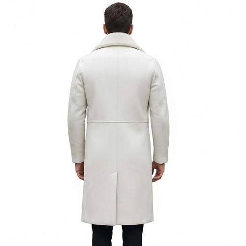 Men's black crest rugged genuine soft lambskin real leather overcoat in off-white ivory featuring broad plush shearling fur notch lapels, single-breasted dark button front closure, side slant welt pockets, long fitted sleeves, knee-length fit, and custom made-to-measure fitting across the UK, USA, and Australia.back