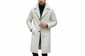 Men's black crest rugged genuine soft lambskin real leather overcoat in off-white ivory featuring broad plush shearling fur notch lapels, single-breasted dark button front closure, side slant welt pockets, long fitted sleeves, knee-length fit, and custom made-to-measure fitting across the UK, USA, and Australia.