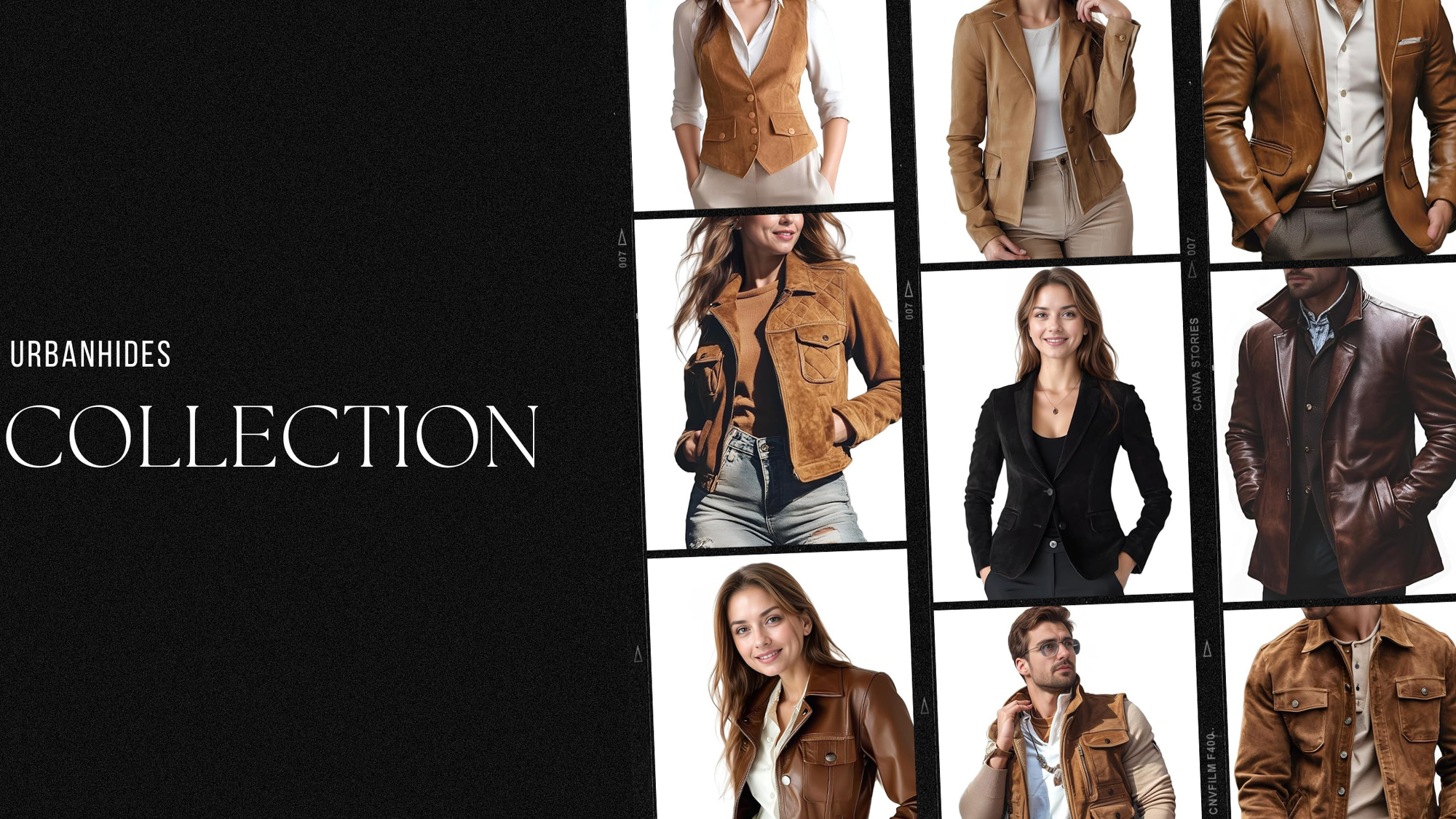 UrbanHides promotional banner showcasing exclusive offers on premium genuine leather jackets, coats, vests and apparel.