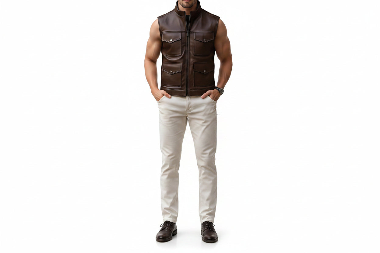 Black Forge Western Cowboy Genuine Leather Vest for Men – Front View – Custom Leather Vest for UK, USA & Australia | UrbanHides