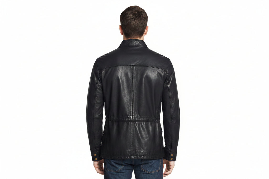 Men's black genuine real soft lambskin leather biker field jacket in a washed dark finish featuring a buckled stand collar, front zipper closure covered by a snap-button storm placket, four front snap-button flap utility pockets, antique brass hardware, tailored slim fit, and custom made-to-measure tailoring available worldwide.back