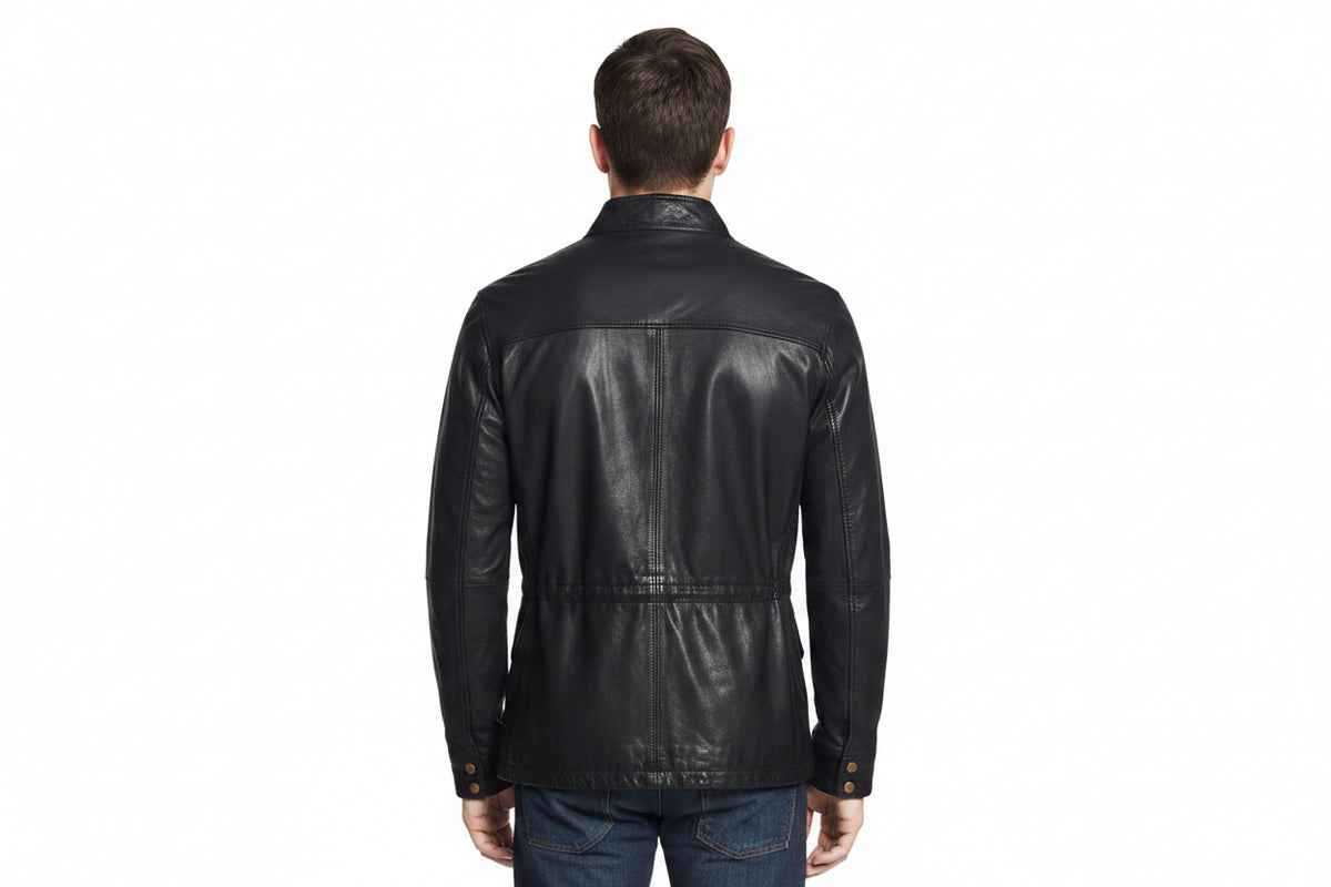 Men's black genuine real soft lambskin leather biker field jacket in a washed dark finish featuring a buckled stand collar, front zipper closure covered by a snap-button storm placket, four front snap-button flap utility pockets, antique brass hardware, tailored slim fit, and custom made-to-measure tailoring available worldwide.back