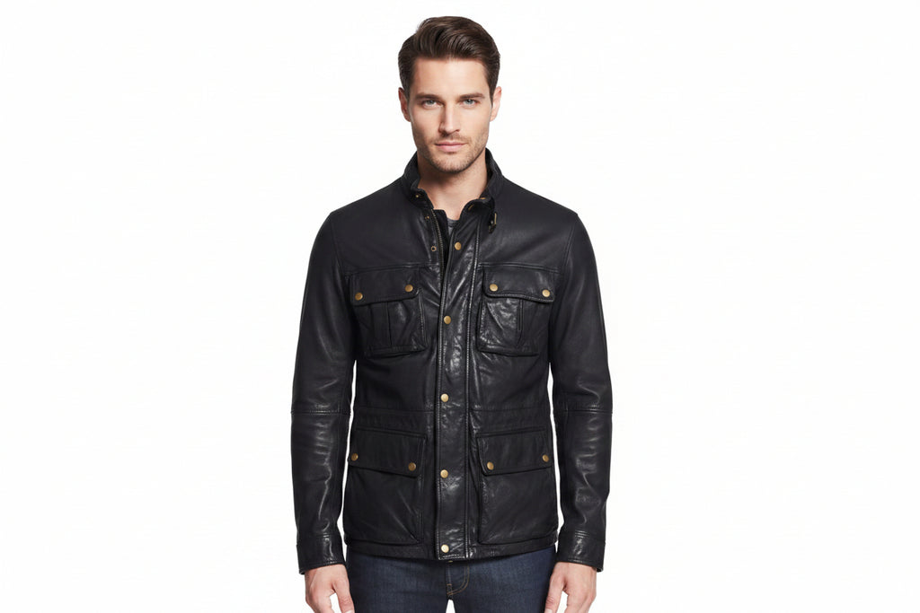 Men's black genuine real soft lambskin leather biker field jacket in a washed dark finish featuring a buckled stand collar, front zipper closure covered by a snap-button storm placket, four front snap-button flap utility pockets, antique brass hardware, tailored slim fit, and custom made-to-measure tailoring available worldwide.