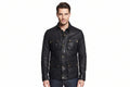 Men's black genuine real soft lambskin leather biker field jacket in a washed dark finish featuring a buckled stand collar, front zipper closure covered by a snap-button storm placket, four front snap-button flap utility pockets, antique brass hardware, tailored slim fit, and custom made-to-measure tailoring available worldwide.