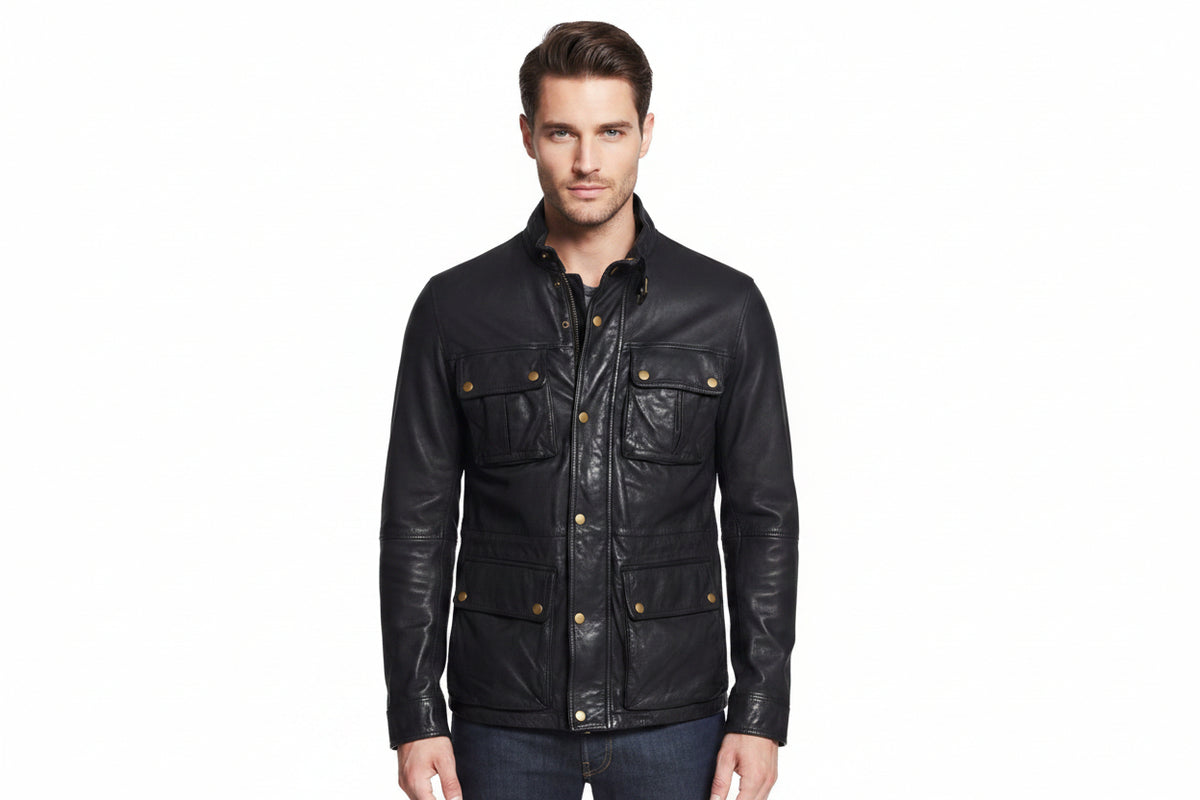 Men's black genuine real soft lambskin leather biker field jacket in a washed dark finish featuring a buckled stand collar, front zipper closure covered by a snap-button storm placket, four front snap-button flap utility pockets, antique brass hardware, tailored slim fit, and custom made-to-measure tailoring available worldwide.