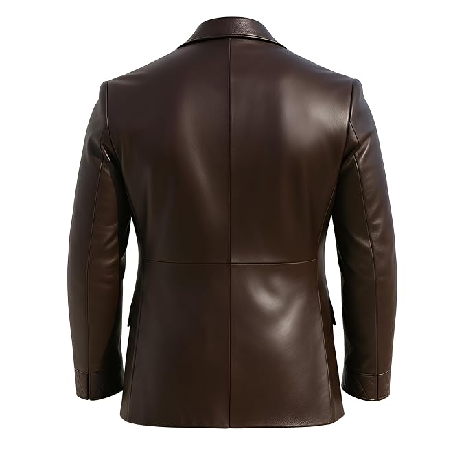 Men's black stitch handcrafted genuine real lambskin nappa soft leather casual blazer jacket in dark espresso brown featuring diamond quilted leather wide notch lapels, matching quilted waist pocket flaps and cuffs, single-breasted two-button front closure, welt chest pocket, tailored fit, and custom made-to-measure tailoring across the UK, USA, and Australia.back