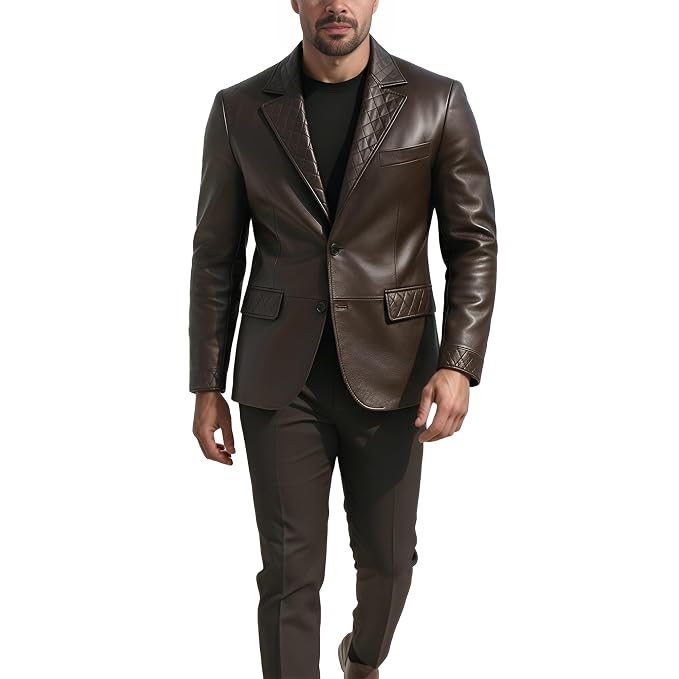 Men's black stitch handcrafted genuine real lambskin nappa soft leather casual blazer jacket in dark espresso brown featuring diamond quilted leather wide notch lapels, matching quilted waist pocket flaps and cuffs, single-breasted two-button front closure, welt chest pocket, tailored fit, and custom made-to-measure tailoring across the UK, USA, and Australia.Full