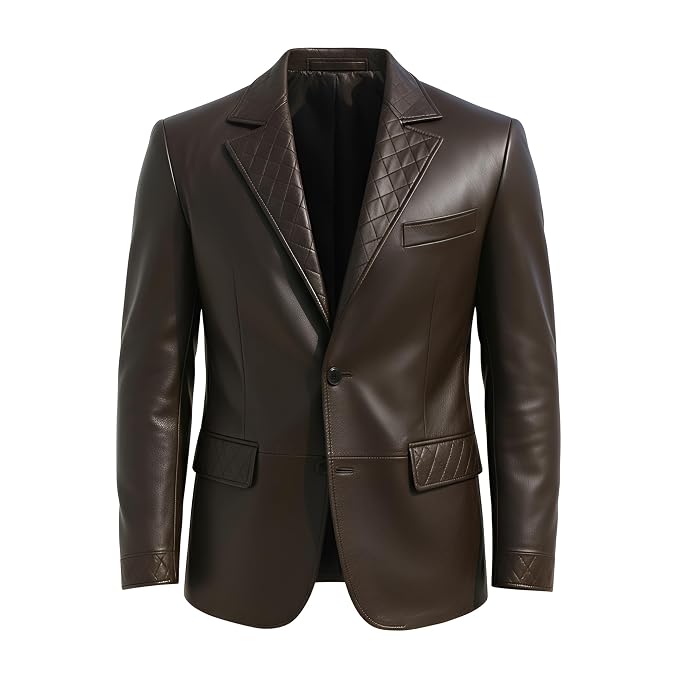 Men's black stitch handcrafted genuine real lambskin nappa soft leather casual blazer jacket in dark espresso brown featuring diamond quilted leather wide notch lapels, matching quilted waist pocket flaps and cuffs, single-breasted two-button front closure, welt chest pocket, tailored fit, and custom made-to-measure tailoring across the UK, USA, and Australia.Extra