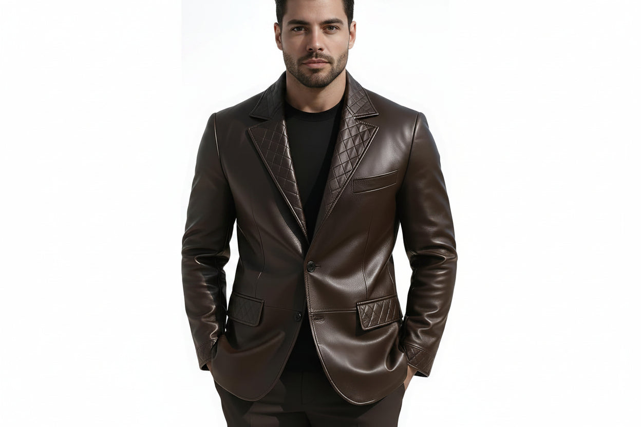 Men's black stitch handcrafted genuine real lambskin nappa soft leather casual blazer jacket in dark espresso brown featuring diamond quilted leather wide notch lapels, matching quilted waist pocket flaps and cuffs, single-breasted two-button front closure, welt chest pocket, tailored fit, and custom made-to-measure tailoring across the UK, USA, and Australia.