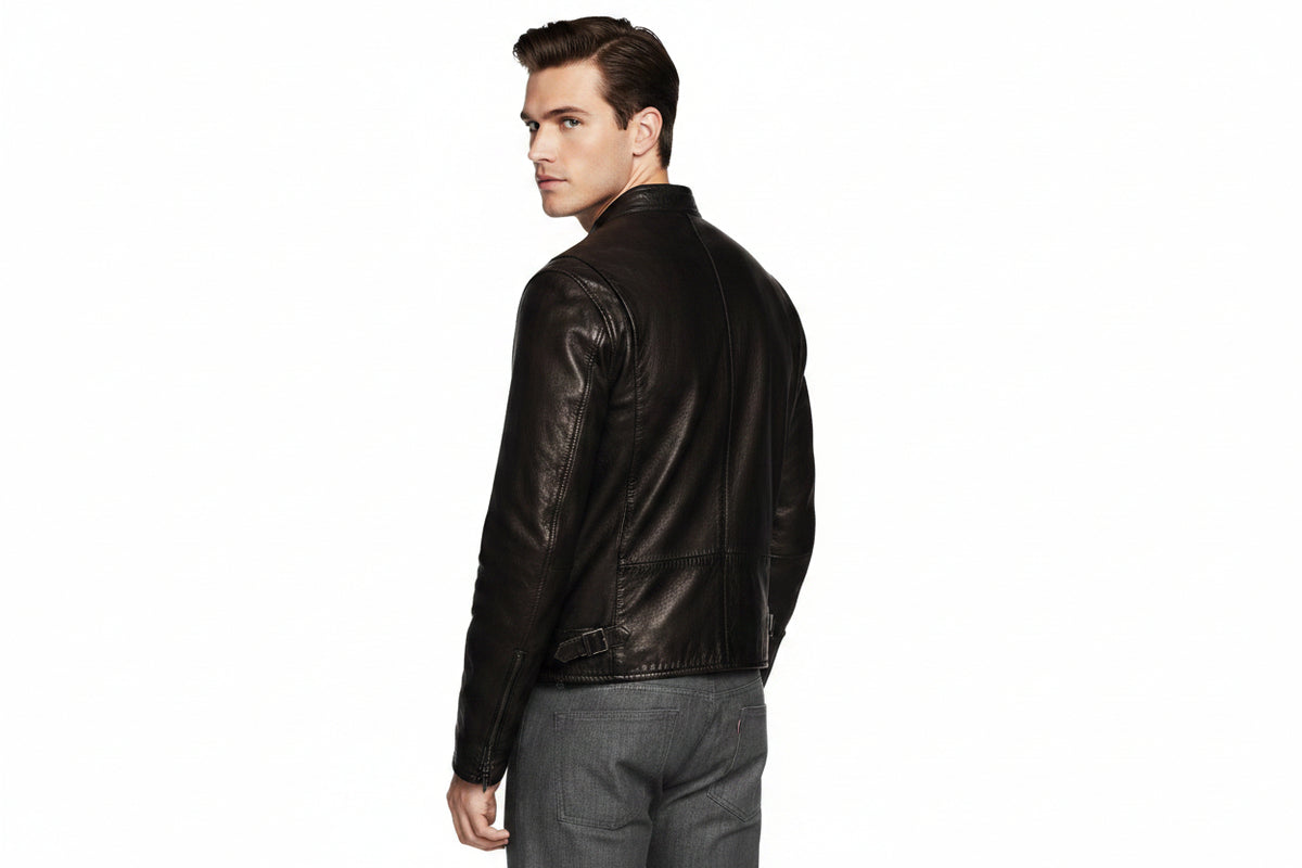 Men's Blacksmith genuine real soft lambskin leather racer jacket in dark burnished espresso brown featuring a band stand collar, full-length front zipper closure, dual angled zip chest pockets, dual zip waist hand pockets, tailored slim fit, and custom made-to-measure tailoring available worldwide.back