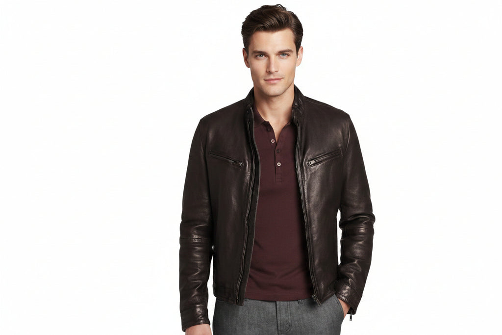 Men's Blacksmith genuine real soft lambskin leather racer jacket in dark burnished espresso brown featuring a band stand collar, full-length front zipper closure, dual angled zip chest pockets, dual zip waist hand pockets, tailored slim fit, and custom made-to-measure tailoring available worldwide.