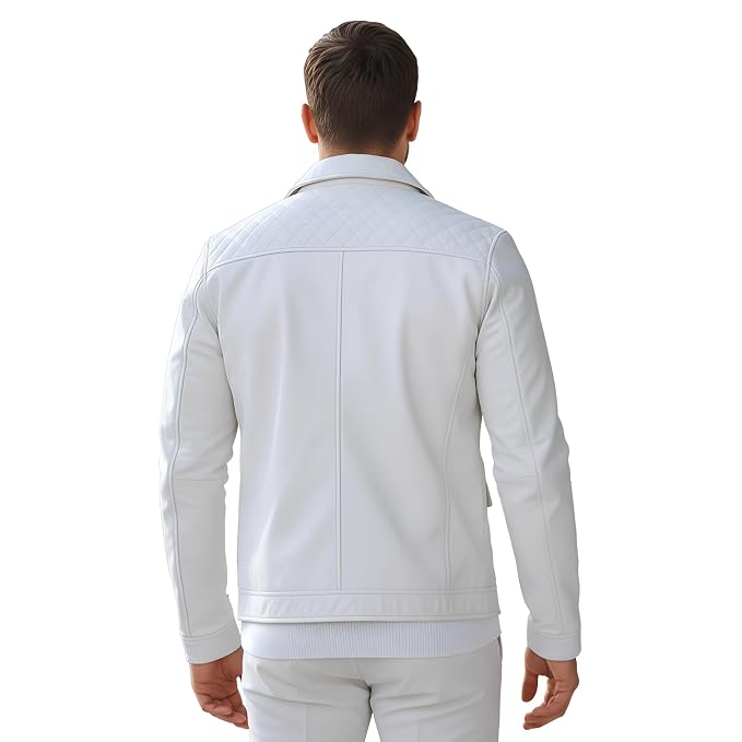 Blaze Forge men's off-white lambskin leather bomber jacket featuring diamond-quilted shoulder yokes, 4 flap cargo pockets, snap button front, and custom made-to-measure fitting across the UK, USA, and Australia.back
