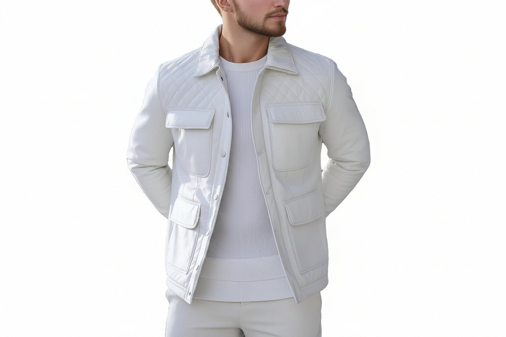 Blaze Forge men's off-white lambskin leather bomber jacket featuring diamond-quilted shoulder yokes, 4 flap cargo pockets, snap button front, and custom made-to-measure fitting across the UK, USA, and Australia.