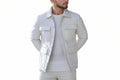 Blaze Forge men's off-white lambskin leather bomber jacket featuring diamond-quilted shoulder yokes, 4 flap cargo pockets, snap button front, and custom made-to-measure fitting across the UK, USA, and Australia.