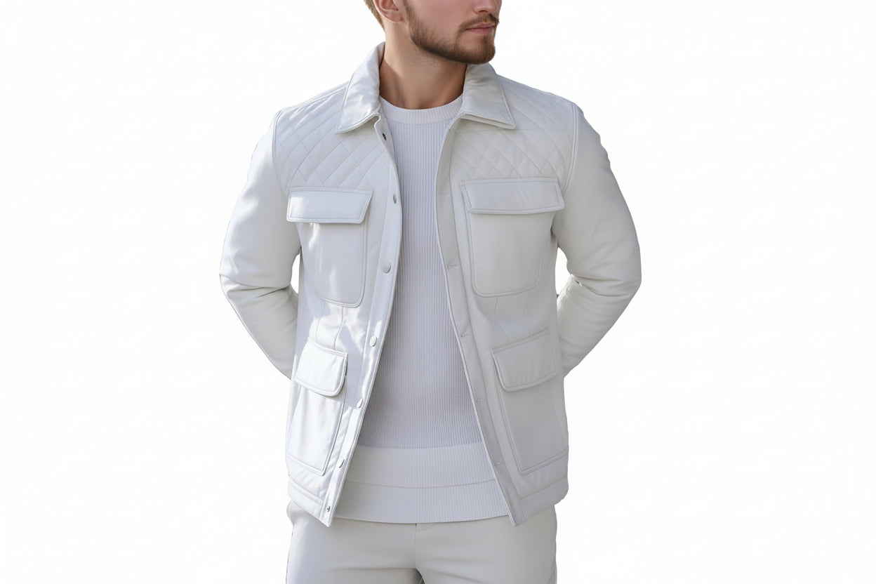 Blaze Forge men's off-white lambskin leather bomber jacket featuring diamond-quilted shoulder yokes, 4 flap cargo pockets, snap button front, and custom made-to-measure fitting across the UK, USA, and Australia.