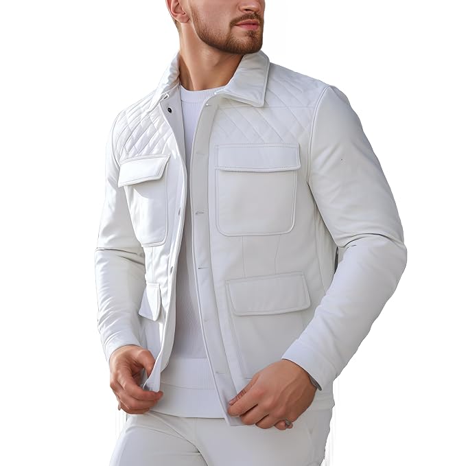 Blaze Forge men's off-white lambskin leather bomber jacket featuring diamond-quilted shoulder yokes, 4 flap cargo pockets, snap button front, and custom made-to-measure fitting across the UK, USA, and Australia.side