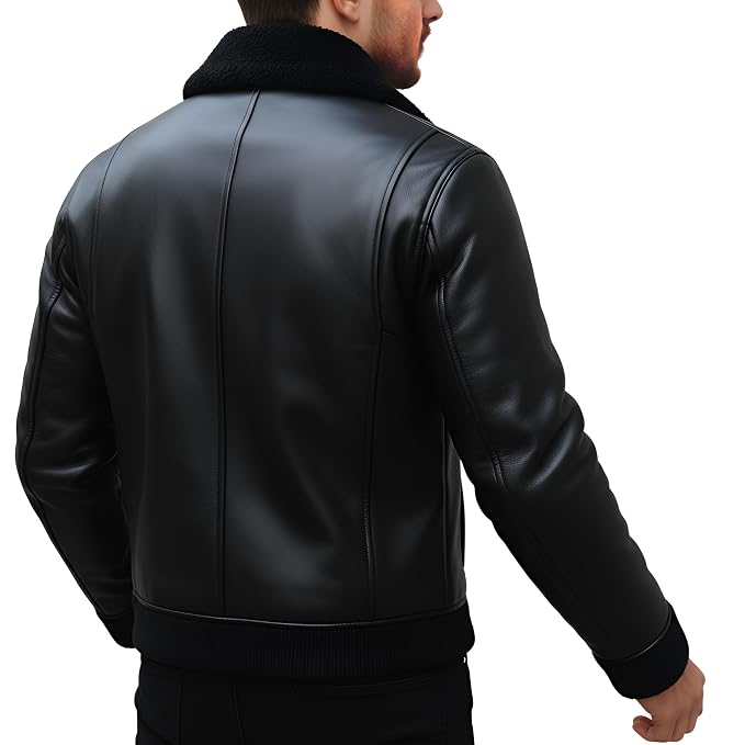 Blaze Rider men's black lambskin leather biker jacket featuring a black shearling fur collar, zip-front closure, zippered waist pockets, and custom made-to-measure fitting across the UK, USA, and Australia.back