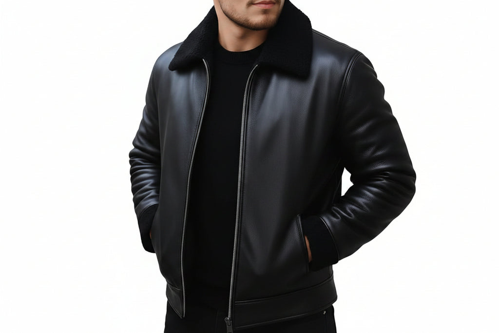Blaze Rider men's black lambskin leather biker jacket featuring a black shearling fur collar, zip-front closure, zippered waist pockets, and custom made-to-measure fitting across the UK, USA, and Australia.