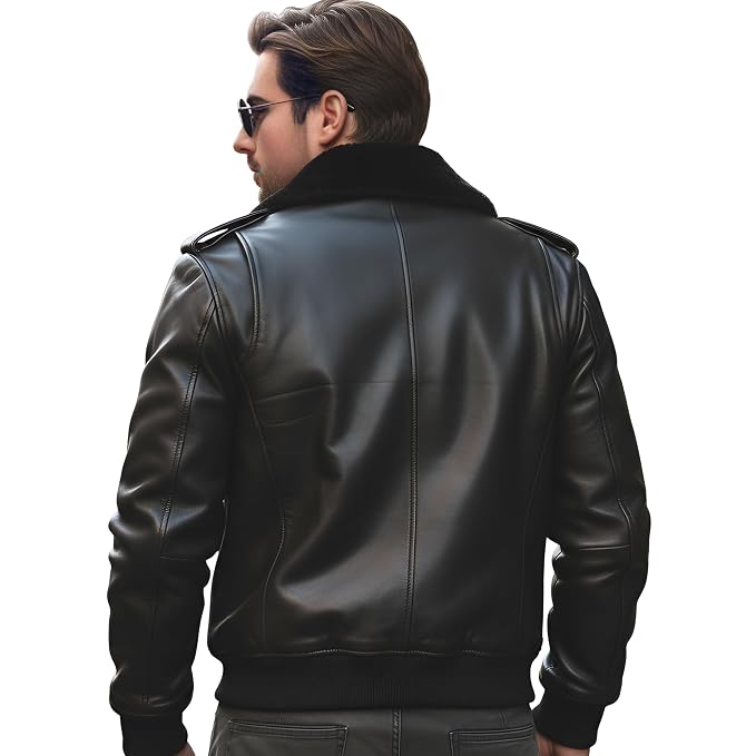 Blaze Throttle men's black lambskin leather biker jacket featuring a black fur collar, shoulder epaulets, 4 cargo flap pockets, silver zip closure, and custom made-to-measure fitting across the UK, USA, and Australia.back