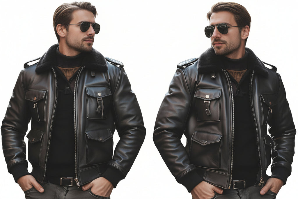 Blaze Throttle men's black lambskin leather biker jacket featuring a black fur collar, shoulder epaulets, 4 cargo flap pockets, silver zip closure, and custom made-to-measure fitting across the UK, USA, and Australia.
