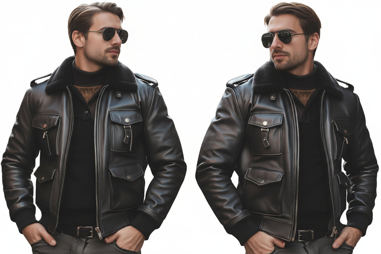 Blaze Throttle men's black lambskin leather biker jacket featuring a black fur collar, shoulder epaulets, 4 cargo flap pockets, silver zip closure, and custom made-to-measure fitting across the UK, USA, and Australia.