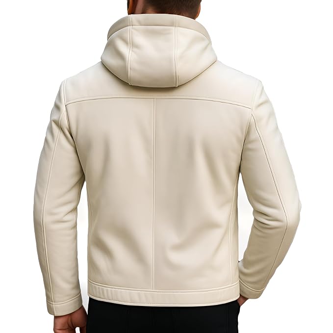 Blaze Trail men's matte off-white Nappa lambskin leather hooded jacket featuring diamond-quilted shoulders, vertical zip chest pocket, fleece-lined hood, and custom made-to-measure fitting across the UK, USA, and Australia.back