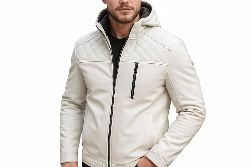 Blaze Trail men's matte off-white Nappa lambskin leather hooded jacket featuring diamond-quilted shoulders, vertical zip chest pocket, fleece-lined hood, and custom made-to-measure fitting across the UK, USA, and Australia.