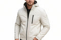 Blaze Trail men's matte off-white Nappa lambskin leather hooded jacket featuring diamond-quilted shoulders, vertical zip chest pocket, fleece-lined hood, and custom made-to-measure fitting across the UK, USA, and Australia.