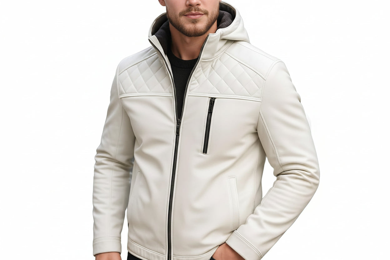 Blaze Trail men's matte off-white Nappa lambskin leather hooded jacket featuring diamond-quilted shoulders, vertical zip chest pocket, fleece-lined hood, and custom made-to-measure fitting across the UK, USA, and Australia.