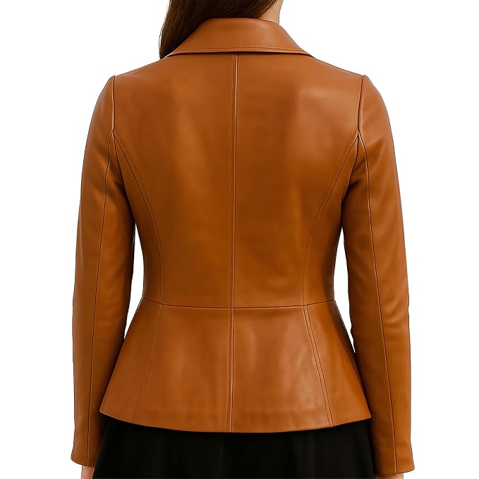 A woman viewed from the back wearing a fitted tan-brown leather peplum blazer with long sleeves and a collar, paired with a black skirt against a plain white background.