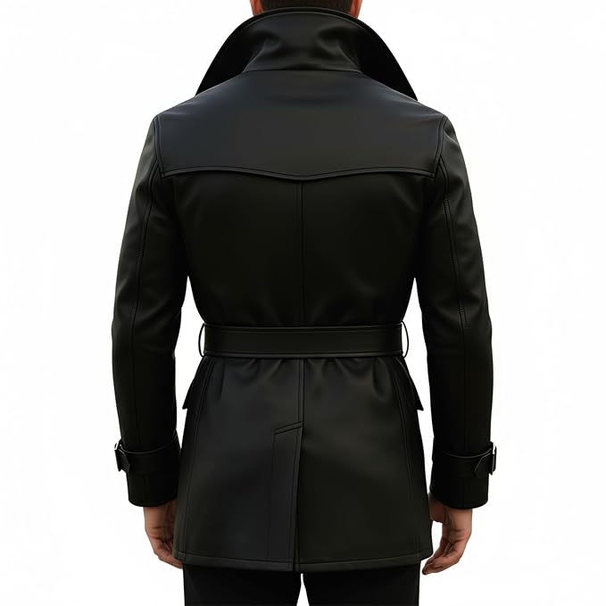 Men's blazer forge urban style genuine soft lambskin real leather double-breasted pea coat in jet black featuring an exaggerated high collar, wide notch lapels, matching waist belt with metallic silver buckle, flap pockets, buckled sleeve cuffs, long fitted sleeves, mid-length cut, and custom made-to-measure fitting across the UK, USA, and Australia.back