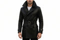 Men's blazer forge urban style genuine soft lambskin real leather double-breasted pea coat in jet black featuring an exaggerated high collar, wide notch lapels, matching waist belt with metallic silver buckle, flap pockets, buckled sleeve cuffs, long fitted sleeves, mid-length cut, and custom made-to-measure fitting across the UK, USA, and Australia.